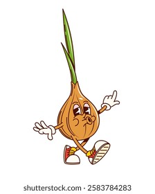 Groovy retro onion vegetable funny character. Farming market organic veggie retro funky isolated vector character, vegetarian food healthy onion vegetable funny groovy personage walking and whistling