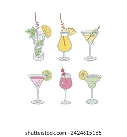 Groovy retro party old fashioned cocktails mojito pina colada margarita dry martini cosmopolitan vector illustration set isolated on white. Classic alcoholic beverage aperetif drinks in different