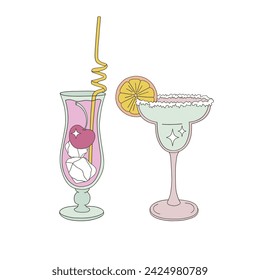 Groovy retro party old fashioned cocktails in margarita and hurricane glasses vector illustration set isolated on white. Classic alcoholic beverage aperetif drinks for bar menu print collection.