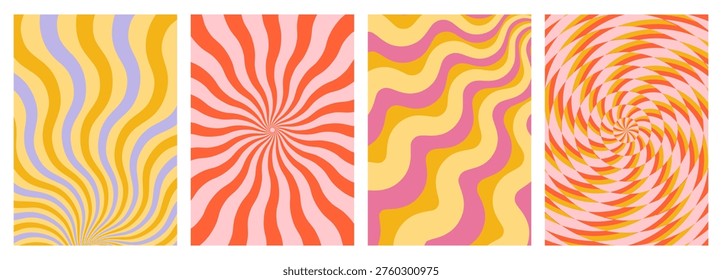 Groovy retro patterns set with psychedelic swirls, wavy lines. Vector illustration of abstract background with vibrant spirals, geometric rainbow color shapes, funky textures for modern graphic design