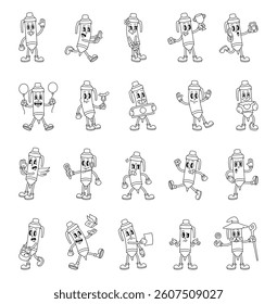 Groovy retro pen characters in cartoon outline vintage funny expressive style with emotions gestures costumes and everyday activities
