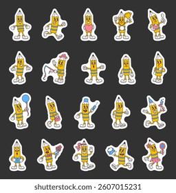 Groovy retro pencil characters in cartoon outline vintage funny expressive style with costumes emotions gestures activities and holiday elements