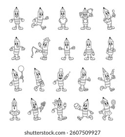 Groovy retro pencil characters in cartoon outline vintage funny expressive style with costumes emotions gestures activities and holiday elements