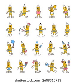 Groovy retro pencil characters in cartoon outline vintage funny expressive style with costumes emotions gestures activities and holiday elements