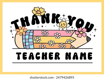 Groovy Retro Pencil School Teacher Appreciation Frame Monogram Name Cartoon Doodle Drawing