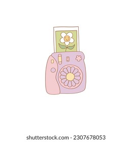 Groovy retro photo camera vector illustration. Flower Power aesthetic design element for planner, sticker, scrapbook, poster, card , pattern, tee shirt