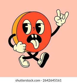 A groovy retro pill character designed in a colorful and playful cartoon style