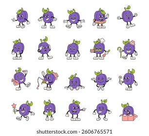 Groovy retro plum fruit character emotions gestures with accessories expressions activities poses costume styles cartoon outline illustrations