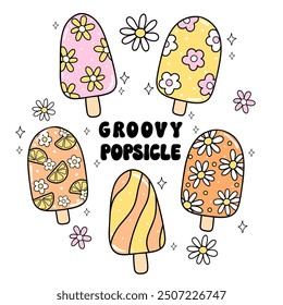 Groovy Retro Popsicle Doodle Set Trendy Funky Ice Cream Summer Outline Drawing