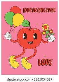 Groovy Retro Poster Kirsche. Liebeskonzept. Trendy Cartoon Retro-Stil der 70er Jahre. Postcard, print.Vector.