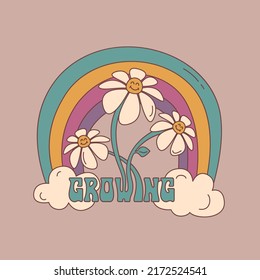 Groovy retro poster with Daisy flower, rainbow and clouds. Vector illustration growing camomiles in 1970s retro style for T-shirt graphic and stickers.