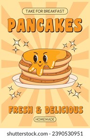 Groovy retro poster. Fast food, breakfast. Pancakes illustration. Vintage banner, 70s, 80s, 90s vibes. Trendy retro psychedelic style. Y2k aesthetic.