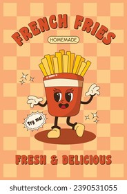 Groovy retro poster. Fast food. French fries, illustration for delivery. Vintage banner, 70s, 80s, 90s vibes. Trendy retro psychedelic style. Y2k aesthetic.