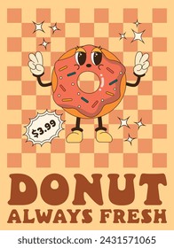 Groovy retro poster. Fast food, breakfast. Donut illustration. Vintage banner, 70s, 80s, 90s vibes. Trendy retro psychedelic style. Funny food character in groovy style.