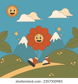 Groovy retro poster flower cute character walk in nature. Vector illustration poster in retro hippie style of the 1970s.