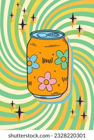 Groovy retro poster. Hippie style background. Groovy soda can. 60s and 70s style. Psychedelic funky abstract. Groovy poster template. Nostalgia for the 70s.