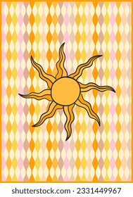 Afiche retro de Groovy. Fondo de estilo hippie. El sol abrasador. estilo de los años 60 y 70. Abstracto fiestoso psicodélico. El sol de verano al estilo hippie. Plantilla de afiche de Groovy. Nostalgia de los años 70.