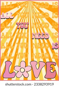 Groovy retro poster. Hippie style background. Groovy love. 60s and 70s style. Valentines day card. Psychedelic funky abstract. Groovy poster template. Nostalgia for the 70s.