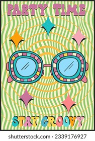 Groovy retro poster. Hippie style background. Groovy disco. 60s and 70s style. Psychedelic funky abstract. Groovy poster template. Nostalgia for the 70s.