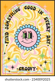 Groovy retro poster. Hippie style background. Groovy flower. 60s and 70s style. Flower groovy. Psychedelic funky abstract. Groovy poster template. Nostalgia for the 70s.