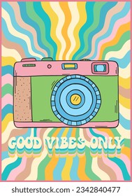 Groovy retro poster. Hippie style background. Groovy photo camera. 60s and 70s style. Psychedelic funky abstract. Groovy poster template. Nostalgia for the 70s.