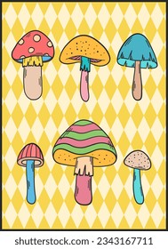 Groovy retro poster. Hippie style background. Groovy mushrooms. 60s and 70s style. Psychedelic funky abstract. Groovy poster template. Nostalgia for the 70s.
