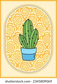 Groovy retro poster. Hippie style background. Groovy floral. 60s and 70s style. Cactus retro poster. Psychedelic funky abstract. Groovy poster template. Nostalgia for the 70s.