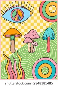 Groovy retro poster. Hippie style background. Groovy vibes. 60s and 70s style. Mushrooms retro vector. Psychedelic poster. Psychedelic funky abstract. Groovy poster template. Nostalgia for the 70s.