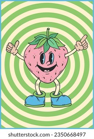 Groovy retro poster. Hippie style background. Groovy strawberry. 60s and 70s style. Retro cartoon strawberry character. Psychedelic funky abstract. Groovy poster template. Nostalgia for the 70s.