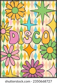 Groovy retro poster. Hippie style background. Groovy disco. 60s and 70s style. Retro disco poster. Psychedelic funky abstract. Groovy poster template. Nostalgia for the 70s.