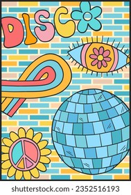 Groovy retro poster. Hippie style background. Groovy disco. 60s and 70s style. Psychedelic funky abstract. Groovy poster template. Nostalgia for the 70s.