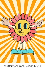 Groovy retro poster. Hippie style background. Groovy flower. Retro cartoon daisy flower character. 60s and 70s style. Psychedelic funky abstract. Groovy poster template. Nostalgia for the 70s.