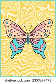 Groovy retro poster. Hippie style background. Groovy butterfly. 60s and 70s style. Hippie retro butterfly poster. Psychedelic funky abstract. Groovy poster template. Nostalgia for the 70s.