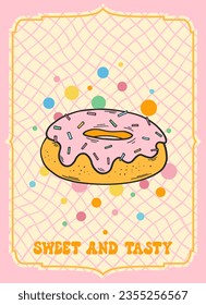 Groovy retro poster. Hippie style background. Groovy donut. 60s and 70s style. Retro donut poster. Psychedelic funky abstract. Groovy poster template. Nostalgia for the 70s.