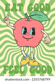Groovy retro poster. Hippie style background. Groovy apple. 60s and 70s style. Healthy food. Retro apple cartoon character. Psychedelic funky abstract. Groovy poster template. Nostalgia for the 70s.