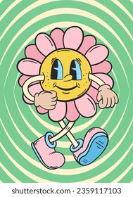 Groovy retro poster. Hippie style background. Groovy flower. 60s and 70s style. Retro cartoon flower character. Psychedelic funky abstract. Groovy poster template. Nostalgia for the 70s.
