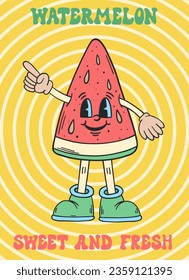 Groovy retro poster. Hippie style background. Groovy watermelon. 60s and 70s style. Retro cartoon watermelon character. Psychedelic funky abstract. Groovy poster template. Nostalgia for the 70s.