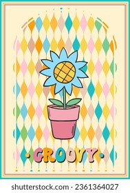 Groovy retro poster. Hippie style background. Groovy flower. 60s and 70s style. Flower power. Psychedelic funky abstract. Groovy poster template. Nostalgia for the 70s.