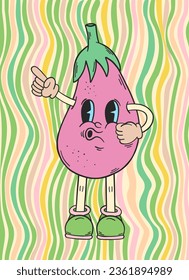 Groovy retro poster. Hippie style background. Groovy eggplant. 60s and 70s style. Retro cartoon eggplant character. Psychedelic funky abstract. Groovy poster template. Nostalgia for the 70s.