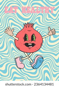 Groovy retro poster. Hippie style background. Groovy pomegranate. 60s and 70s style. Psychedelic funky abstract. Retro cartoon character. Groovy poster template. Nostalgia for the 70s.