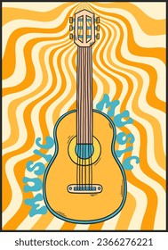 Groovy Retro Poster. Hippie-Hintergrund. Groovy Music Gitarre. Stil der 60er und 70er Jahre. Gitarrenretro-Poster. Psychedelisch funky abstrakt. Groovy Plakatvorlage. Nostalgie für die 70er Jahre.