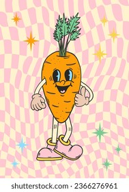 Groovy retro poster. Hippie style background. Groovy carrot. 60s and 70s style. Retro cartoon carrot character. Psychedelic funky abstract. Groovy poster template. Nostalgia for the 70s.