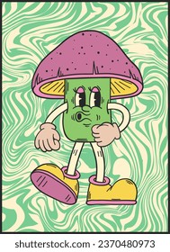 Groovy retro poster. Hippie style background. Groovy mushrooms. 60s and 70s style. Psychedelic funky abstract. Groovy poster template. Nostalgia for the 70s.