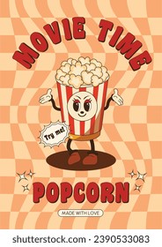 Afiche retro de Groovy. Popcorn, cine, ilustración del tiempo del cine. Pancarta vintage, vibraciones de 70, 80, 90. Estilo moderno retro psicodélico. Estética del año 2000. Carácter divertido de la comida al estilo groovy.