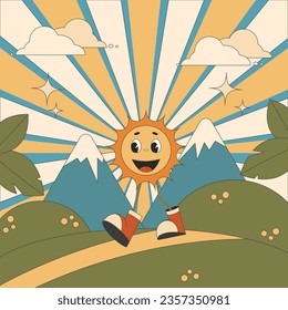 Groovy retro poster sun cute character walking in nature. Vector illustration poster in retro hippie style of the 1970s.