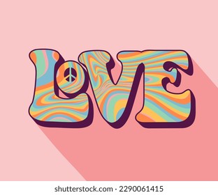 Groovy retro poster with word Love. Cool groovy Valentines message colorful vector clipart. Illustration on on a pink background with a long shadow. Groovy hippie sixties boho style