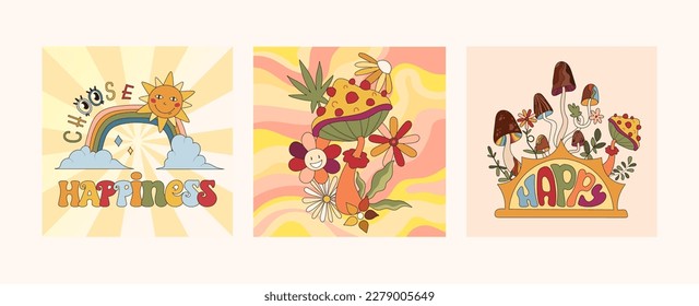 Groovy retro posters or cards set, 70s nostalgia and positive vibes
