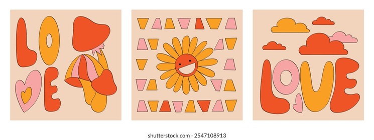 Cartazes retrô Groovy com tipografia ousada 'Amor', flores sorridentes, cogumelos e nuvens coloridas. Perfeito para projetos de design gráfico, decoração ou arte de parede inspirada em vintage