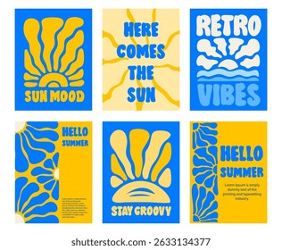 Groovy Retro Posters. Summer Wall Art with Sunshine Rays and Motivational Quotes in Vintage Hippie Style

