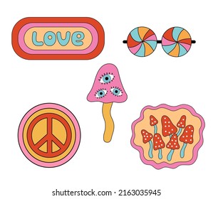 Groovy retro psychedelic mushrooms. Hippie stickers in 1970 style. Vector illustration from 60s isolated on white background. Peace sign
